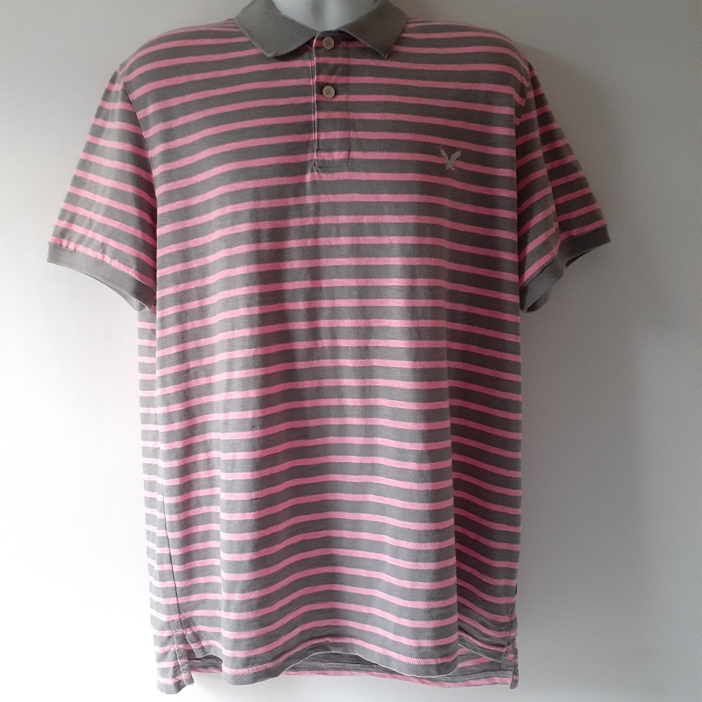 American Eagle Outfitters men's gray/pink striped golf polo shirt size 2XL